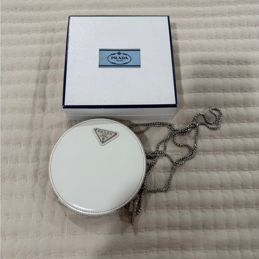 Prada White Round Bag with Silver Chain
